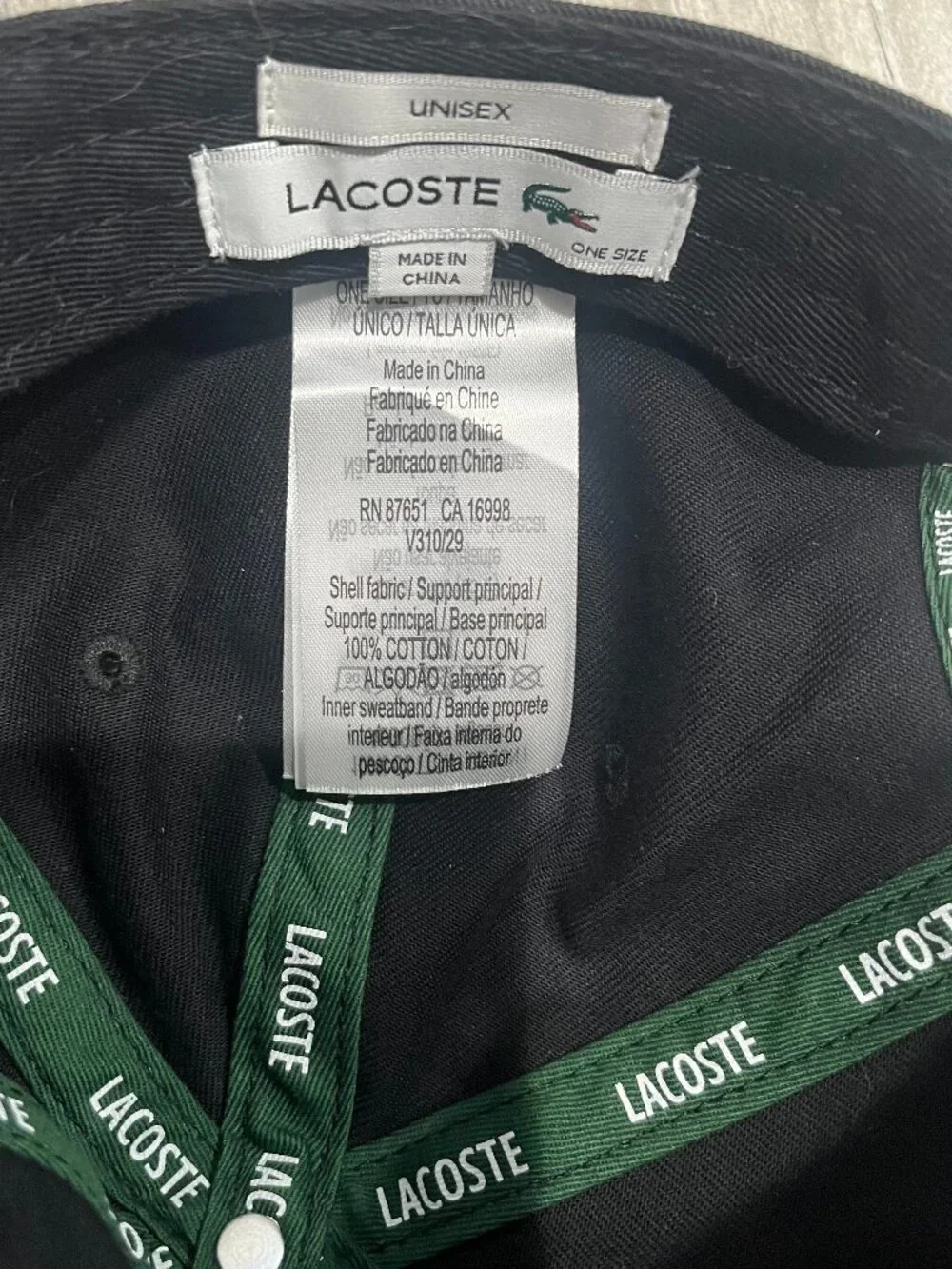 NEW WITH TAGS LACOSTE UNISEX BLACK 100% ORGANIC COTTON BASEBALL HAT ONE SIZE